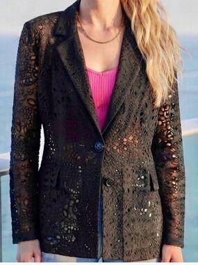 Nicole Miller Black Eyelet Lace Blazer Jacket